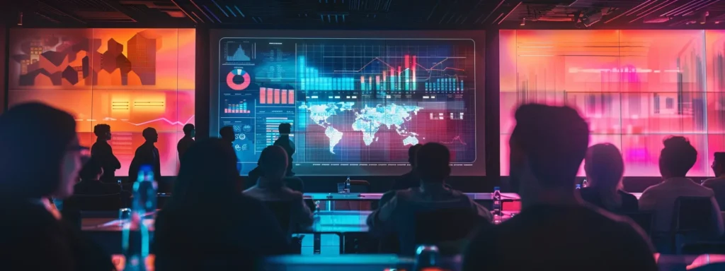 a dynamic conference room filled with diverse professionals engaged in a vibrant discussion, showcasing a large screen displaying compelling analytics and visualizations that highlight the success stories of ai otto in transforming marketing strategies.