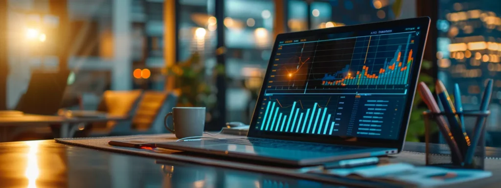 a sleek, modern workspace illuminated by natural light showcases a high-tech laptop screen displaying vibrant data graphs, symbolizing the dynamic capabilities of ai otto for optimizing digital performance.