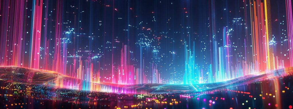 a vibrant digital landscape features a glowing screen surrounded by colorful data graphs and content metrics, symbolizing the power of ai in transforming seo strategies.