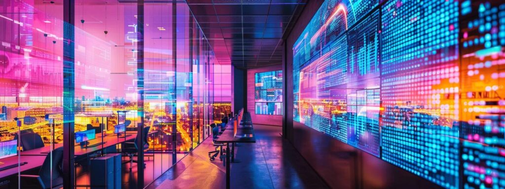 a vibrant, modern workspace filled with glowing screens displays colorful data analytics, showcasing the dynamic power of ai in enhancing seo strategies.
