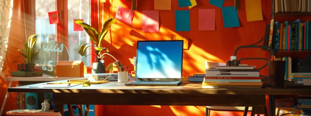 a vibrant, sunlit workspace showcases a sleek laptop surrounded by open notebooks and colorful sticky notes, symbolizing the dynamic process of digital content optimization.