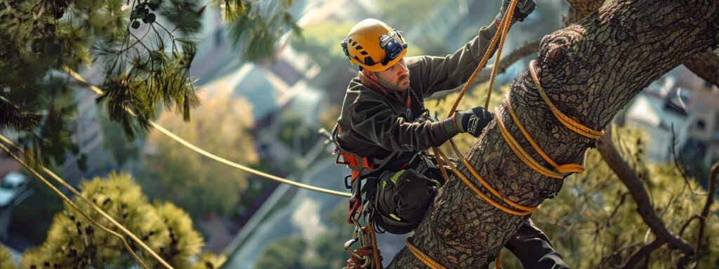 a bold, dynamic scene of a professional team in safety gear strategically tackling a precariously leaning tree against an urban backdrop, emphasizing the urgency and expertise in emergency tree removal.