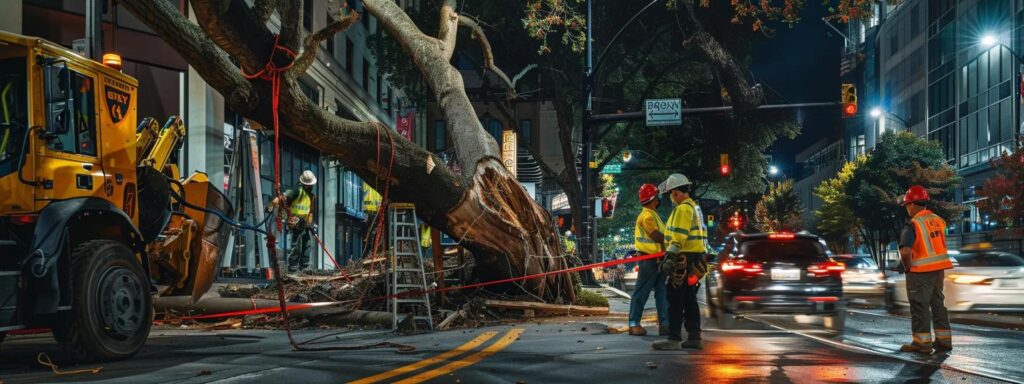 a dynamic urban scene captures a team of professionals in safety gear, including helmets and harnesses, meticulously coordinating the precise removal of a large tree from a busy raleigh street, emphasizing strict adherence to safety protocols and equipment readiness.