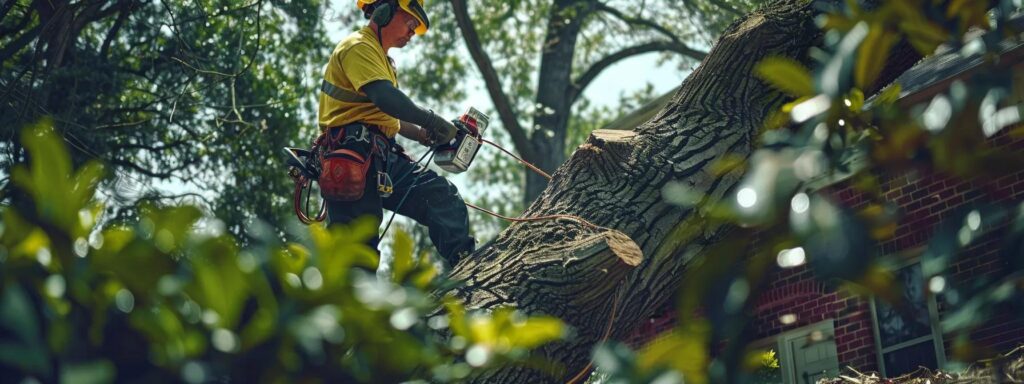 a well-equipped certified arborist in safety gear assesses a large, fallen tree on a suburban property in raleigh, surrounded by neatly organized tools and urban structures, highlighting the professionalism and expertise in emergency tree removal.