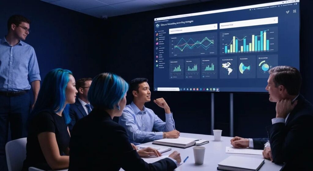 a dynamic conference room filled with diverse professionals engaged in a vibrant discussion, showcasing a large screen displaying compelling analytics and visualizations that highlight the success stories of ai otto in transforming marketing strategies.