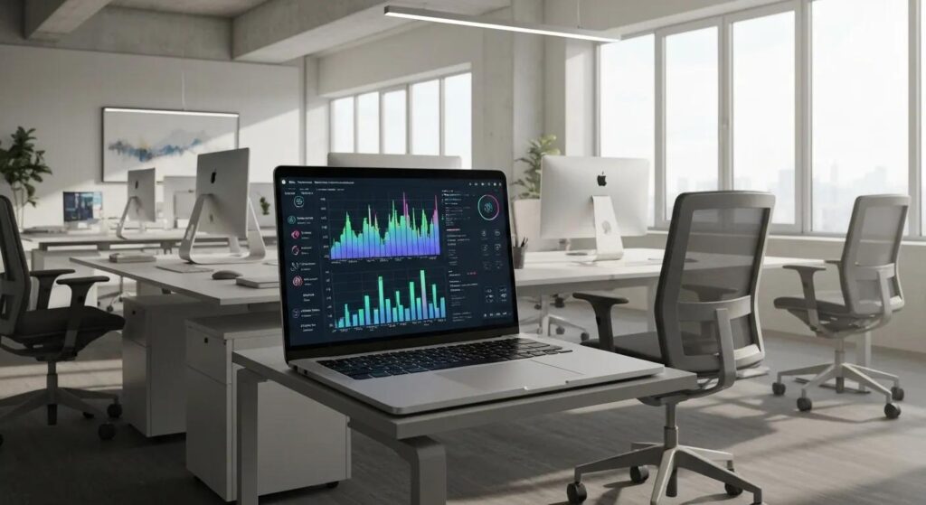 a sleek, modern workspace illuminated by natural light showcases a high-tech laptop screen displaying vibrant data graphs, symbolizing the dynamic capabilities of ai otto for optimizing digital performance.