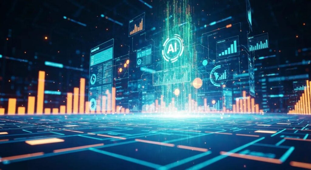 a visually striking scene of a vibrant digital landscape showcasing the seamless integration of ai technology into seo strategies, illuminated by radiant data streams and glowing performance metrics, symbolizing growth and innovation.