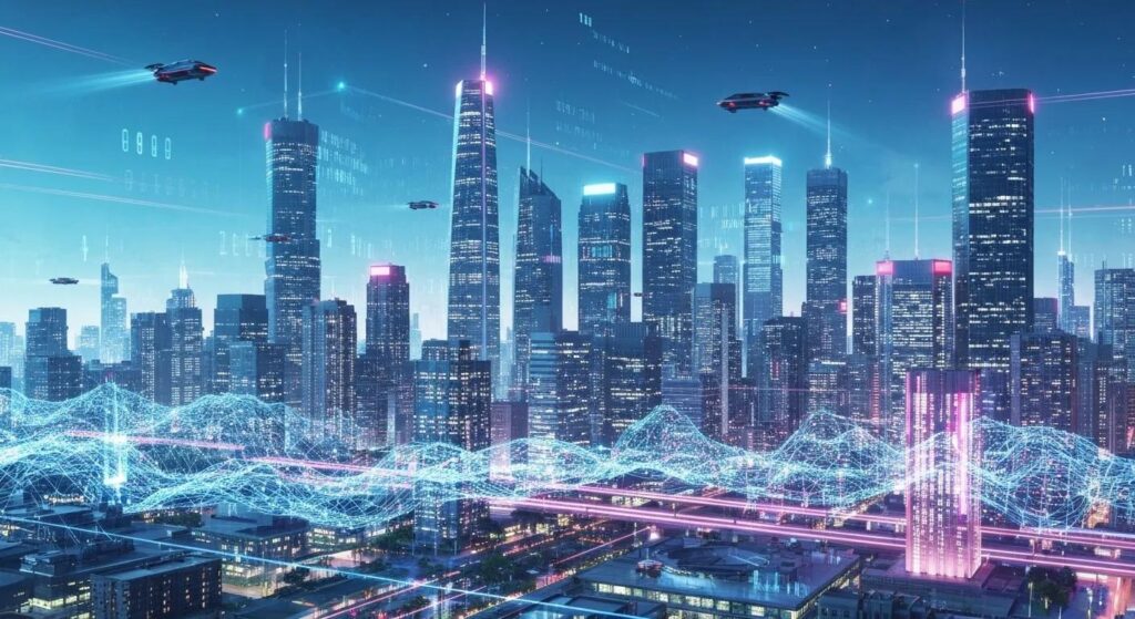 a futuristic city skyline illuminated by data streams and neon lights, showcasing a vibrant digital landscape representing advanced ai-driven seo strategies and predictive analytics.