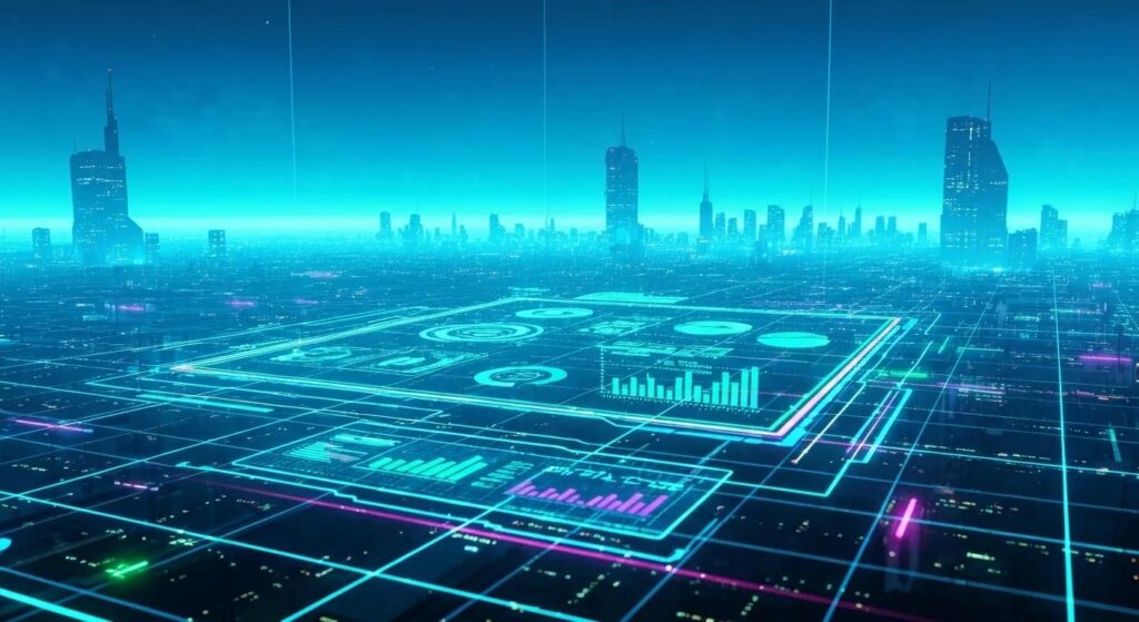 a futuristic digital landscape showcasing a glowing, automated system analyzing data streams and charts, symbolizing ai-driven seo optimization strategies under a bright blue and green illuminated sky.