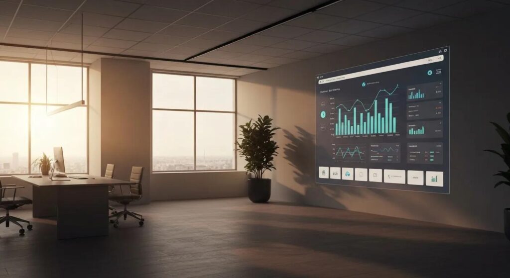 a sleek, modern office workspace bathed in warm, natural light showcases a digital dashboard displaying dynamic graphs and ai analytics, symbolizing the integration of ai technology into a savvy seo strategy.