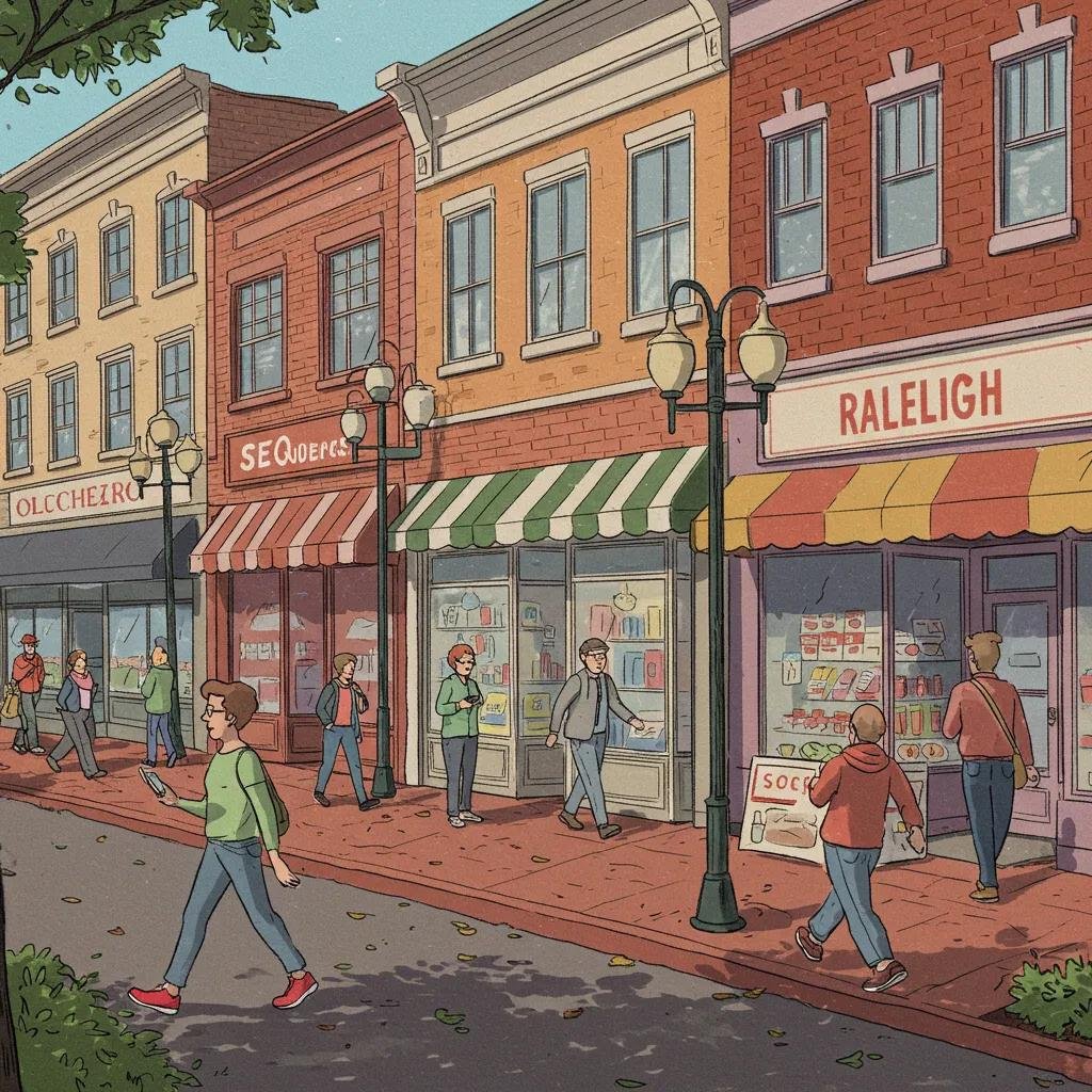 Busy Raleigh street featuring small businesses, pedestrians walking, and storefronts with signs for local shops, illustrating the benefits of local SEO.