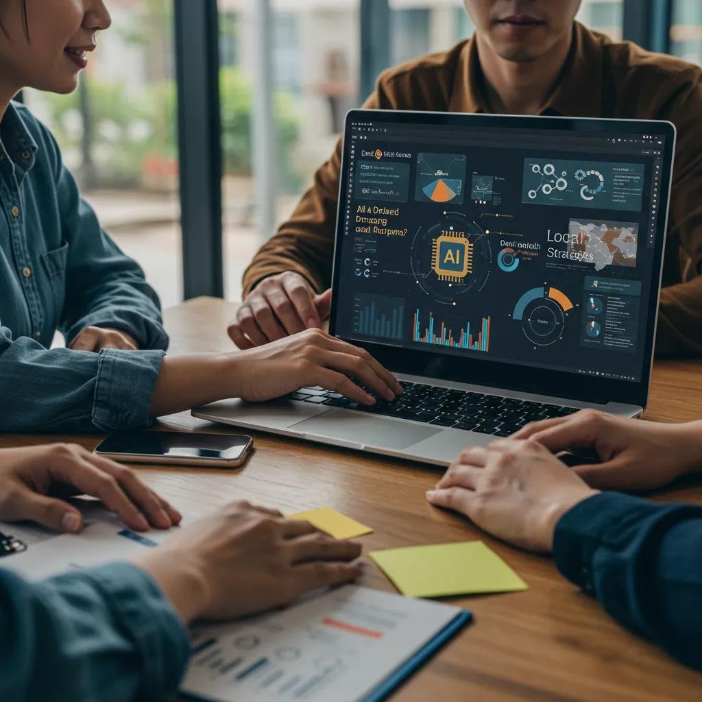Digital marketing team analyzing AI-driven local SEO strategies on a laptop in a modern workspace, featuring data visualizations and collaborative discussion.