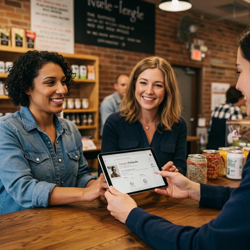 Small business owner engaging with customers in Raleigh, showcasing local SEO impact on a tablet, friendly atmosphere in a cozy store setting.