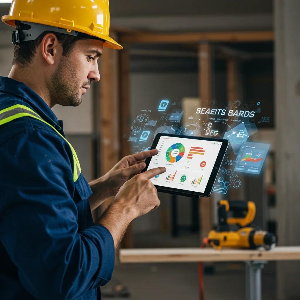 Contractor analyzing AI SEO benefits on a digital dashboard at a construction site
