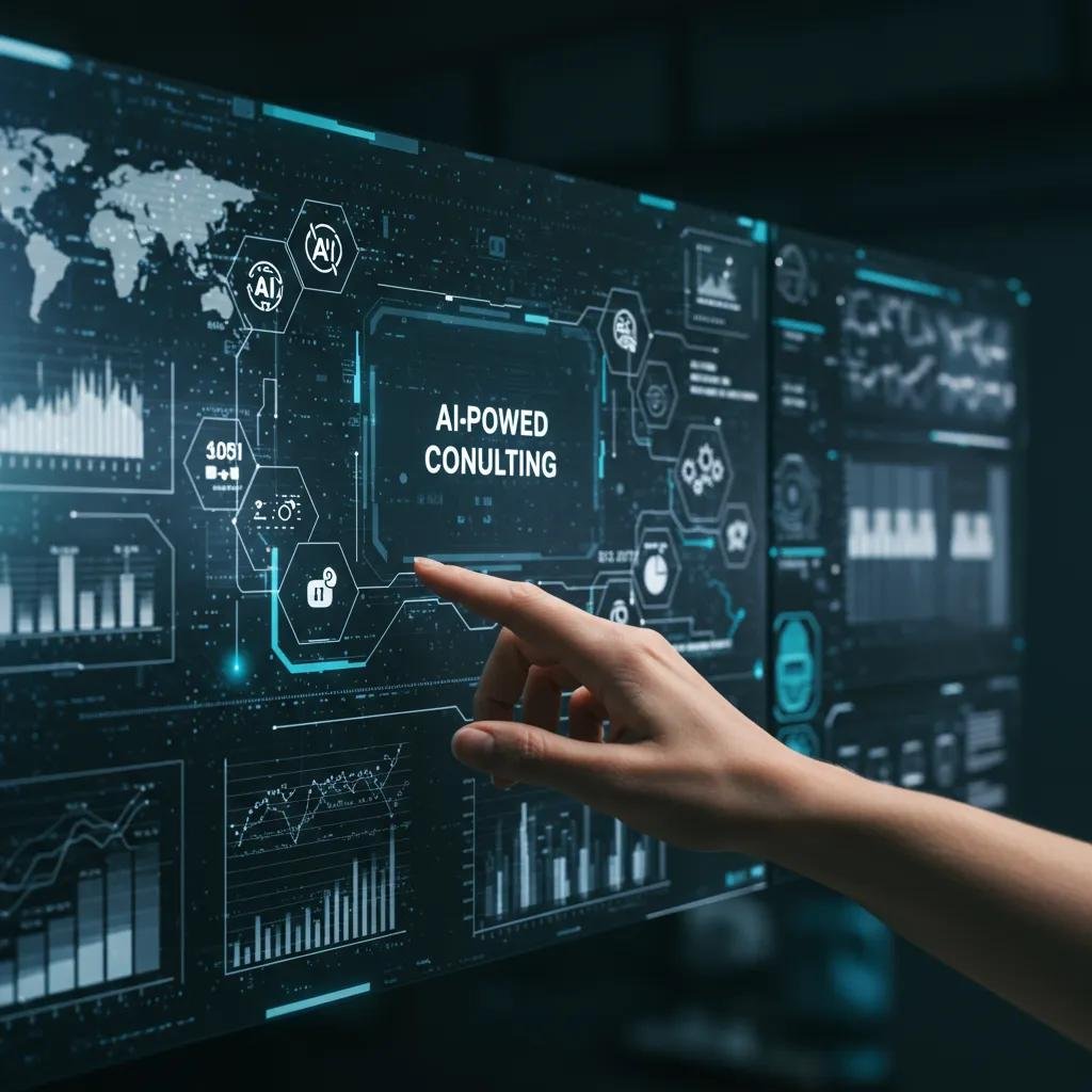 Futuristic interface displaying AI-powered consulting tools, featuring graphs, analytics, and interactive elements related to SEO optimization and performance metrics.