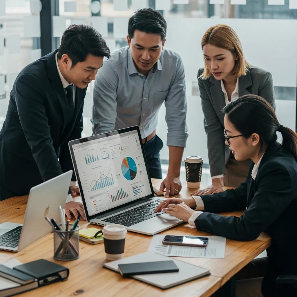 Diverse group of SEO consultants collaborating on strategies, analyzing data on laptop in modern office setting, emphasizing expert SEO consulting services for small businesses.