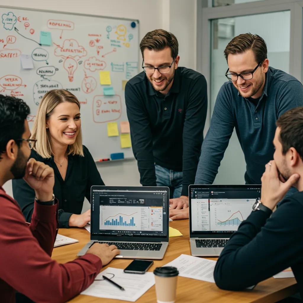 Group of Raleigh business owners discussing AI SEO strategies in a modern office setting