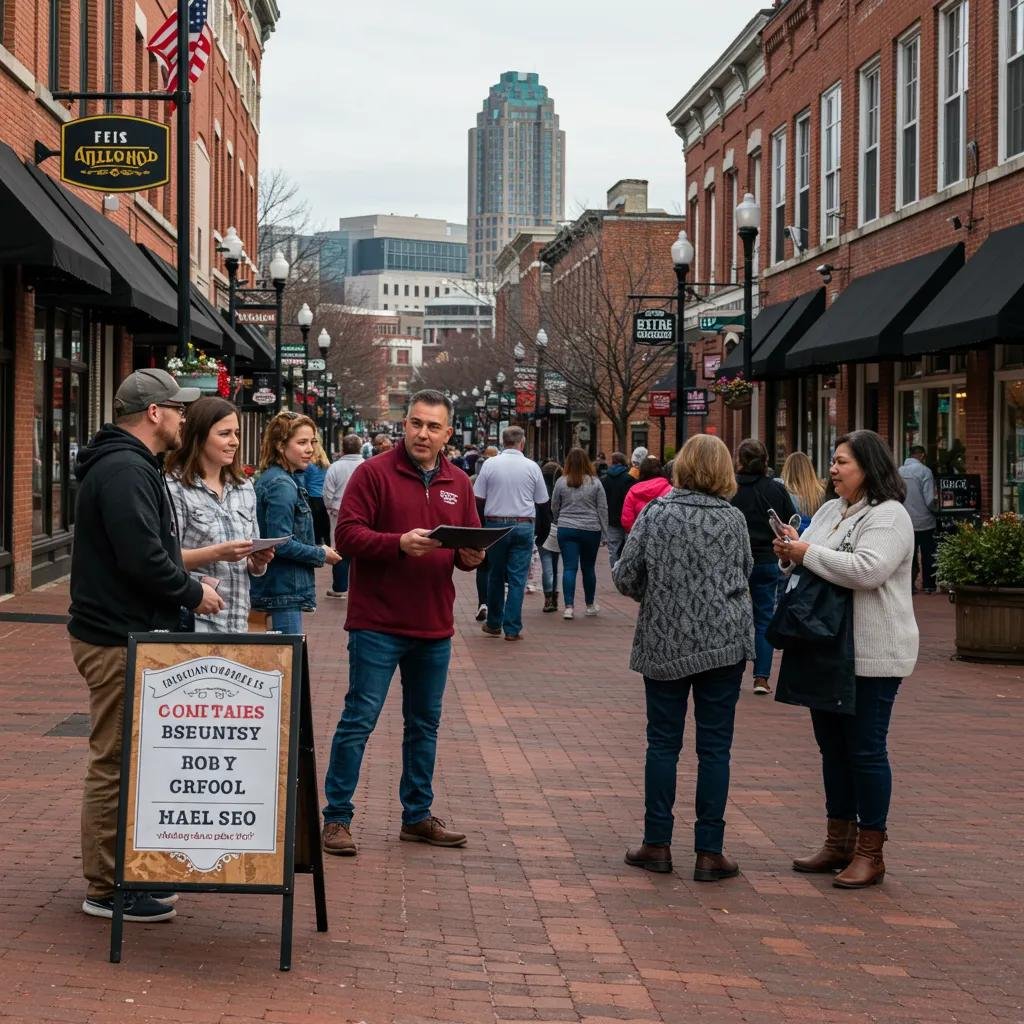 Local business owner engaging with customers on a vibrant Raleigh street, showcasing community interaction and local SEO importance.