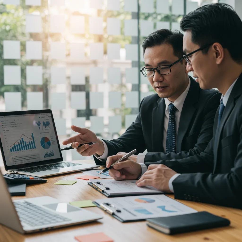 Business professionals collaborating on SEO strategies, analyzing data on laptop screen, discussing charts and reports in modern office setting.