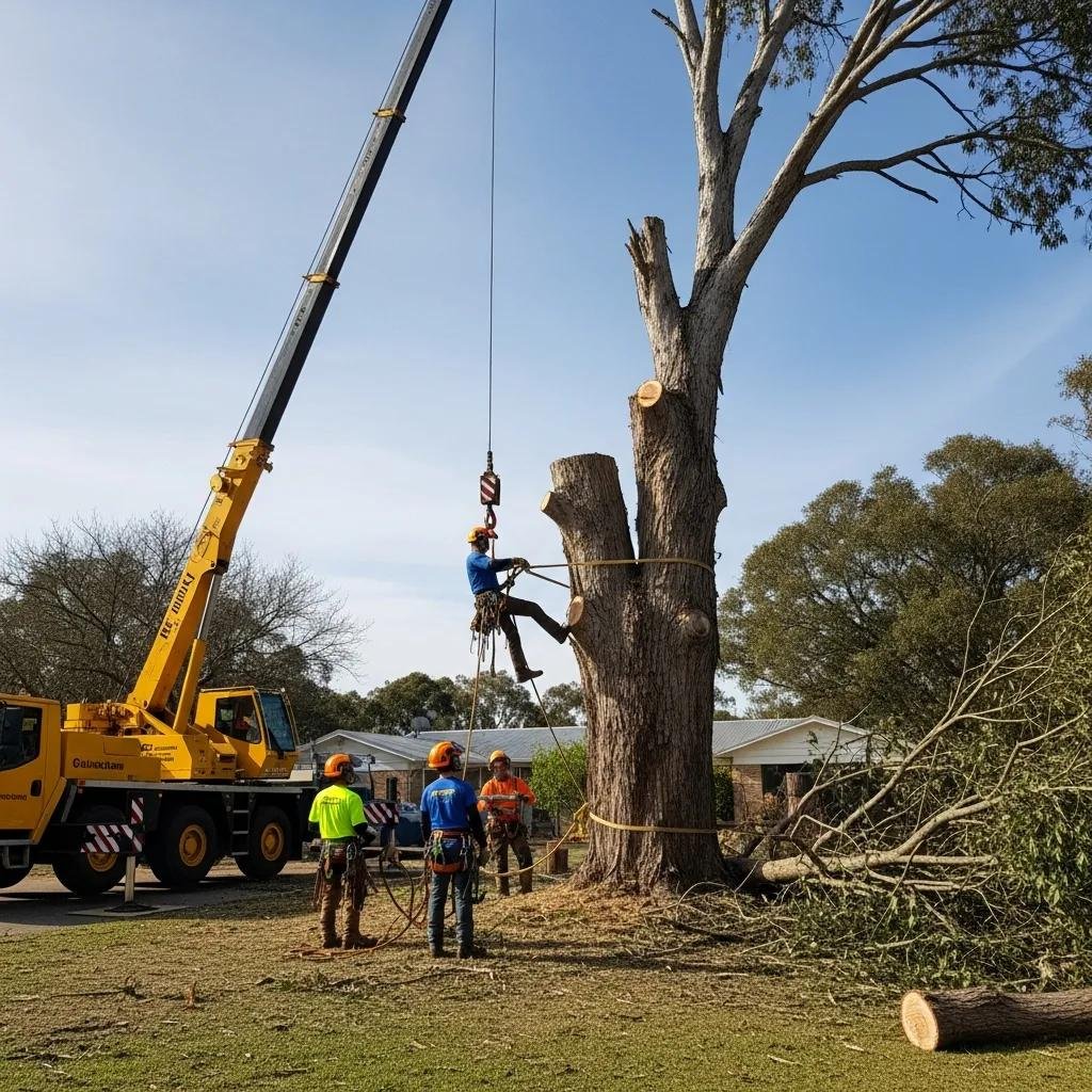 Arborists using a crane to safely remove a large tree in a residential area, showcasing tree care services and safety measures.