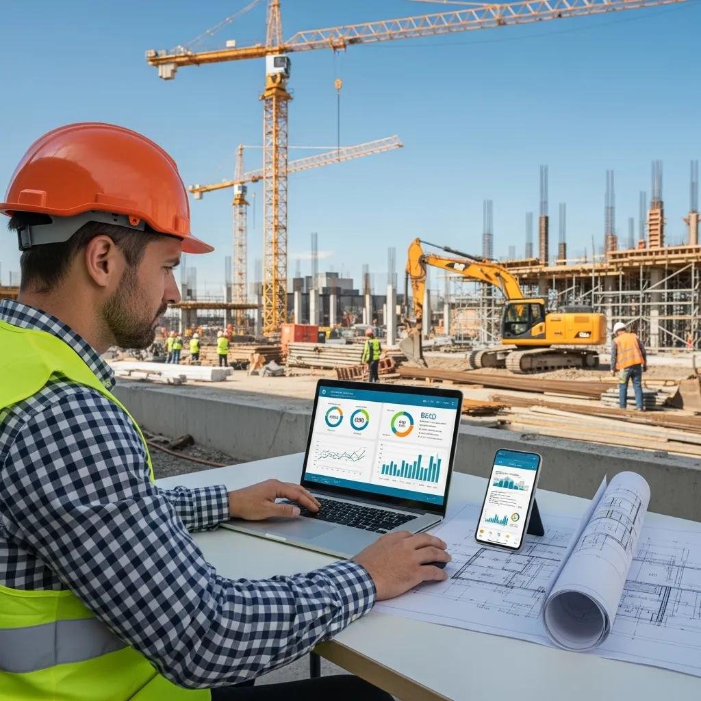 Builder analyzing SEO data on laptop and smartphone at construction site, emphasizing digital marketing benefits for construction businesses.