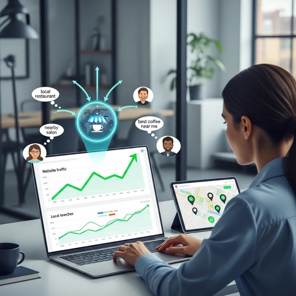 Business owner analyzing AI-driven local SEO benefits on laptop, featuring graphs of website traffic and local searches, with icons for nearby services like a local restaurant and coffee shop.
