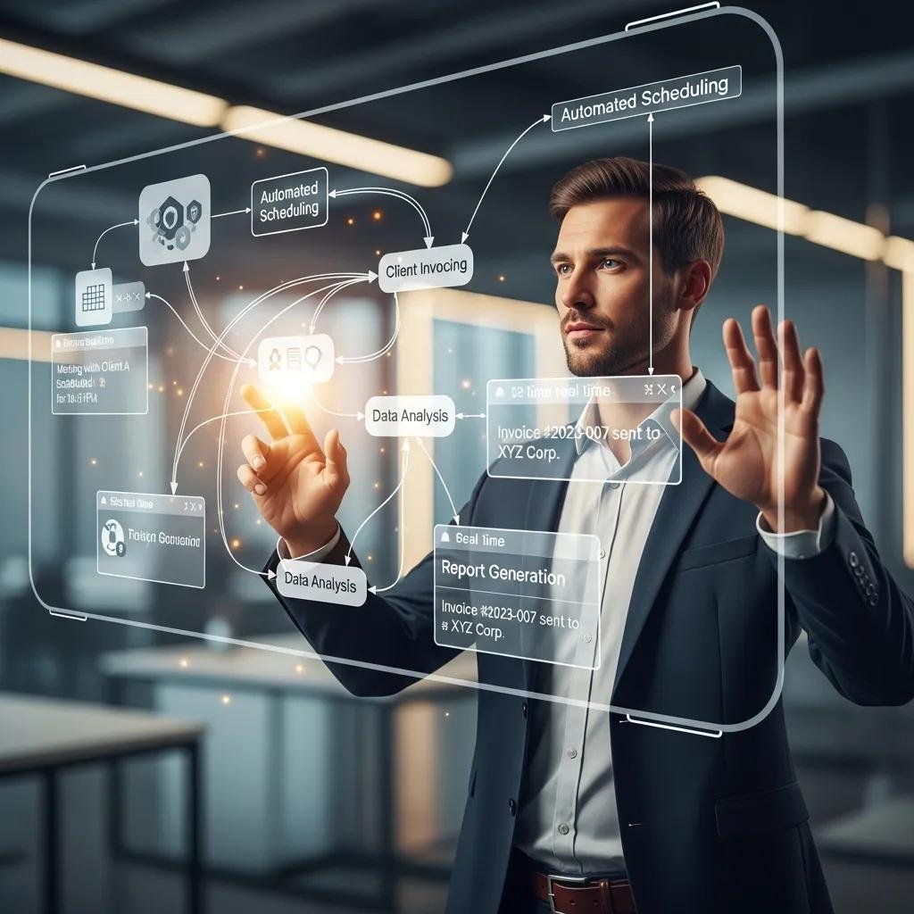 Business professional interacting with AI-driven dashboard displaying automated scheduling, client invoicing, data analysis, and report generation for enhanced operational efficiency.