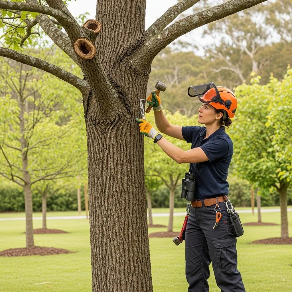 Certified arborist assessing tree health with tools in a well-maintained garden, demonstrating tree care and evaluation techniques.