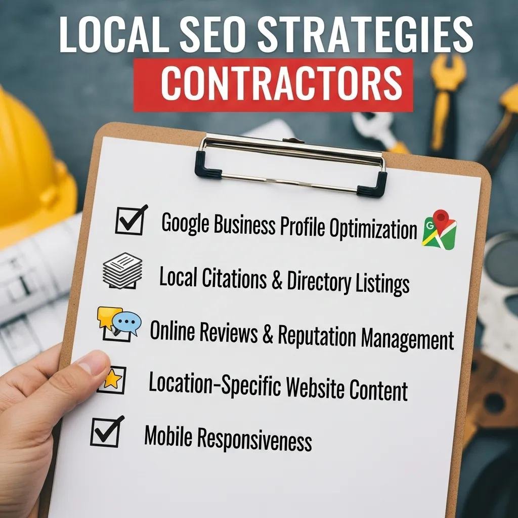 Local SEO strategies checklist for contractors, featuring Google Business Profile optimization, local citations, online reviews, location-specific content, and mobile responsiveness, with a construction background.