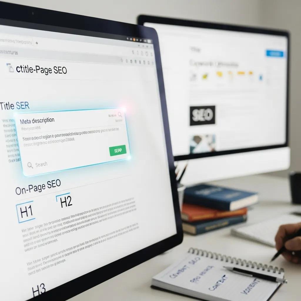 Close-up of a computer screen displaying on-page SEO elements, including title and meta description sections, in a modern workspace with a second monitor and notebooks.