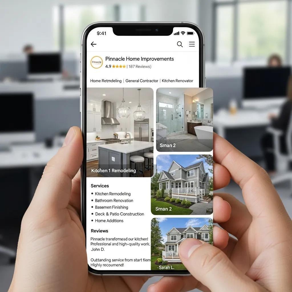 Close-up of a smartphone displaying an optimized Google Business Profile for Pinnacle Home Improvements, featuring a 4.9-star rating, customer reviews, and services like kitchen remodeling and home additions, set in a modern office environment.