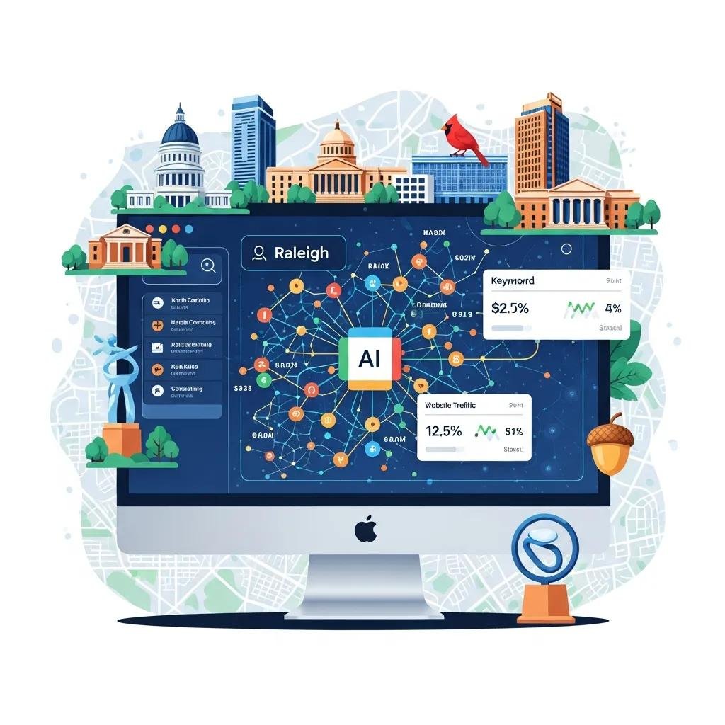 Computer screen displaying AI algorithms and local SEO data with Raleigh landmarks, featuring metrics on keyword performance and website traffic, emphasizing SEORaleigh's AI-driven local SEO services.
