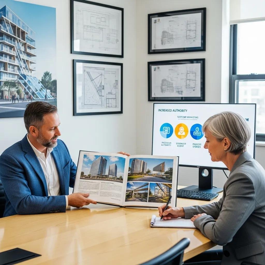 Construction professional presenting project case studies to a client in a modern office, highlighting content marketing's role in authority building