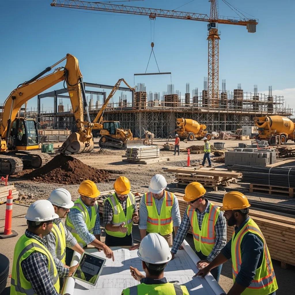 Construction workers collaborating on a project at a construction site, highlighting teamwork and modern practices