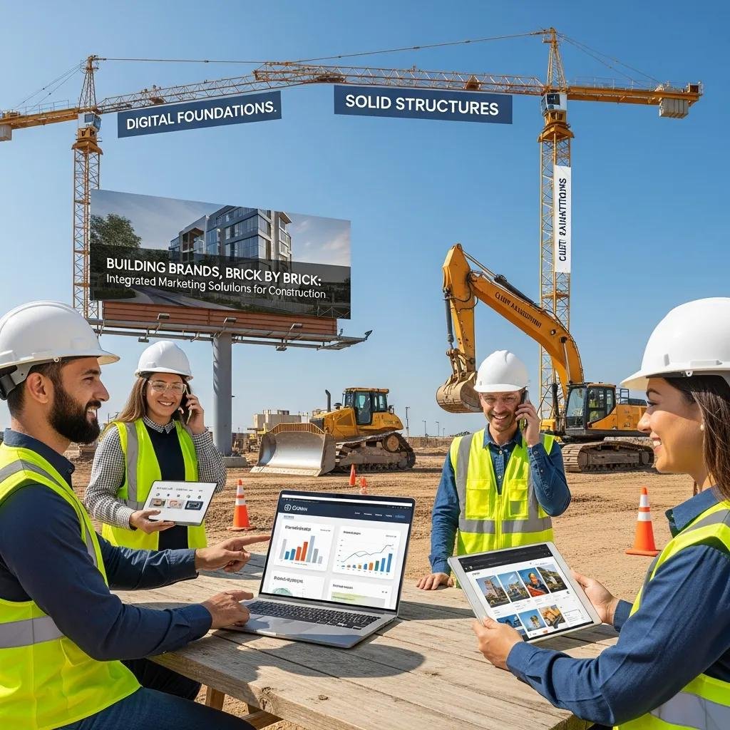 Construction workers using digital devices at a job site, showcasing integrated marketing solutions for construction, with a billboard displaying "Building Brands, Brick by Brick" and digital marketing themes.