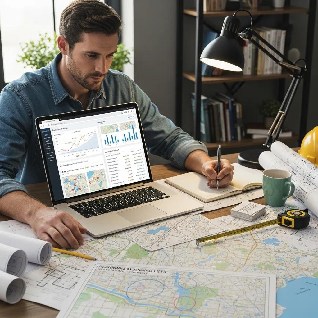 Contractor analyzing local keyword data on laptop surrounded by construction plans, maps, and tools, emphasizing local SEO strategies for North Carolina.
