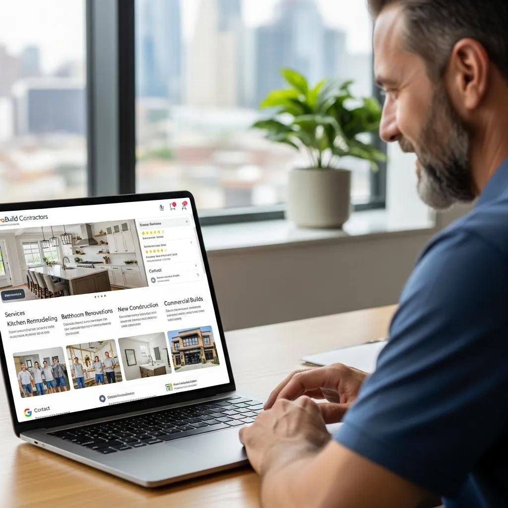 Contractor reviewing Google Business Profile on laptop in modern office, focusing on local SEO strategies for service optimization in North Carolina.