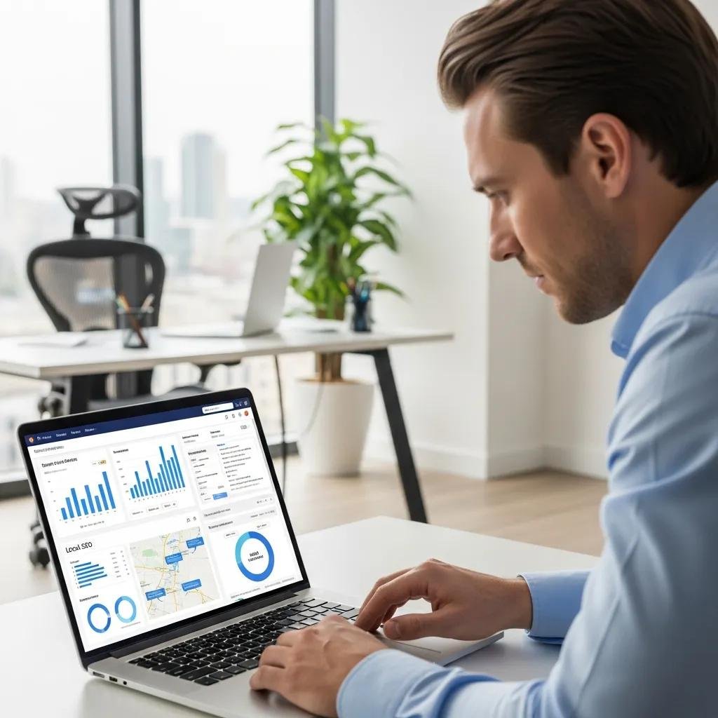 Man analyzing website analytics on a laptop, focusing on local SEO strategies for contractors, with graphs and maps displayed, in a modern office setting.