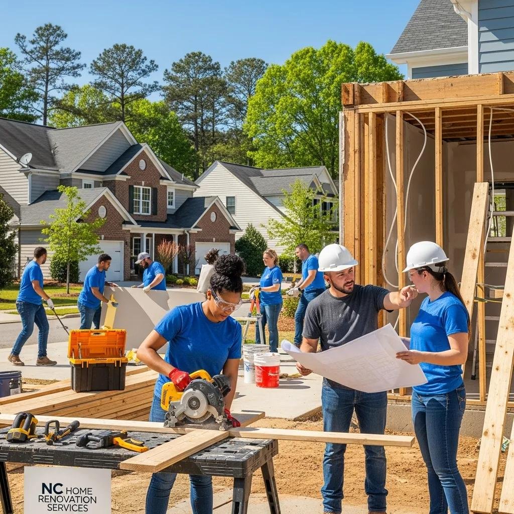 Contractor team collaborating on home renovation project in North Carolina, using tools and discussing plans outdoors.