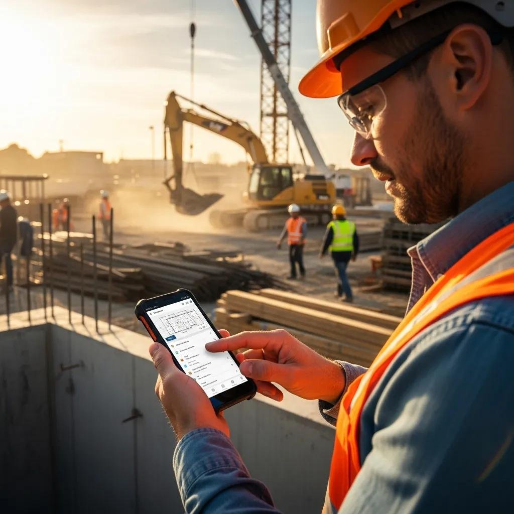 Contractor using a mobile device on a construction site, highlighting the importance of mobile optimization for local SEO in the construction industry.