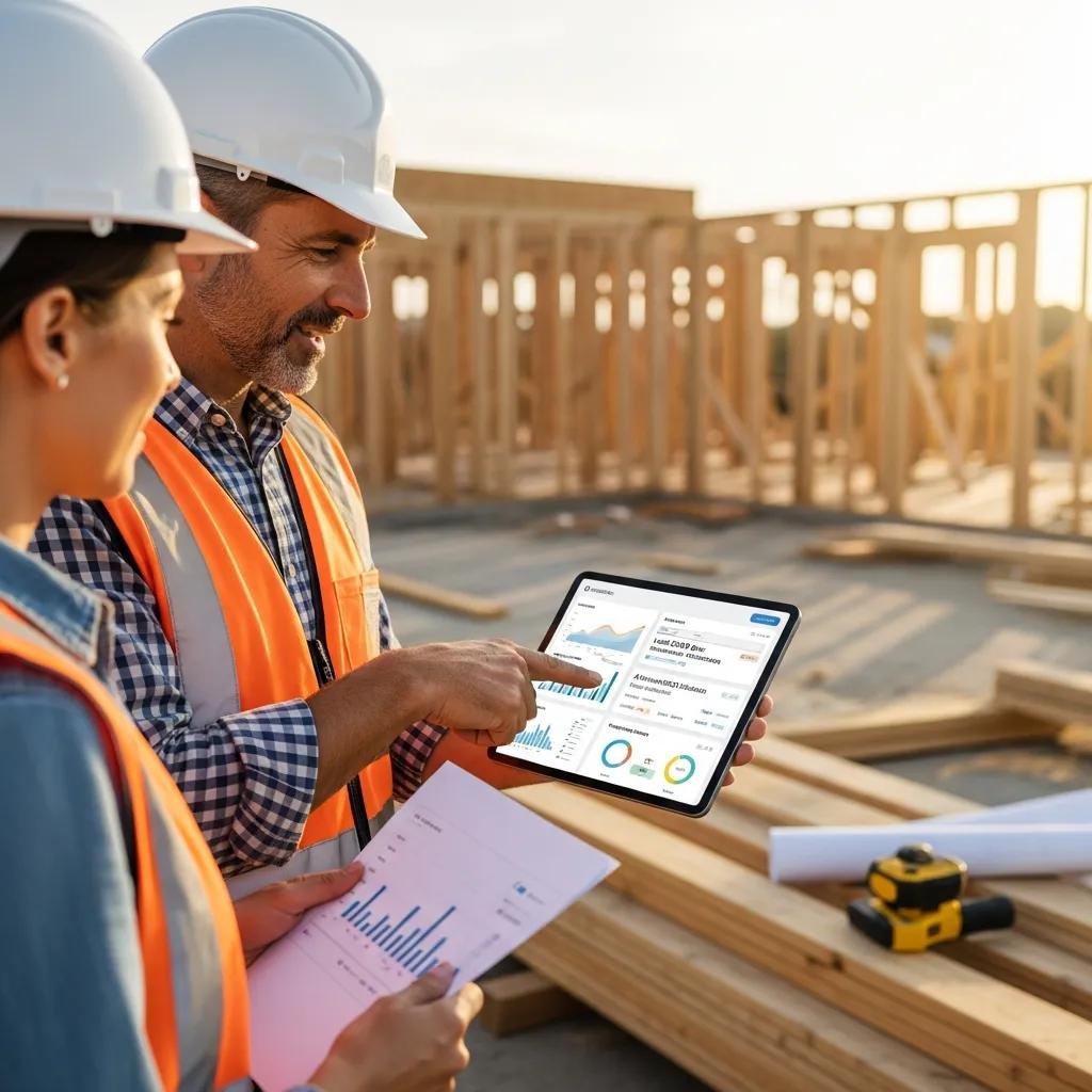 Contractor using AI-driven SEO tools on tablet to enhance client engagement, discussing project metrics with colleague on construction site.