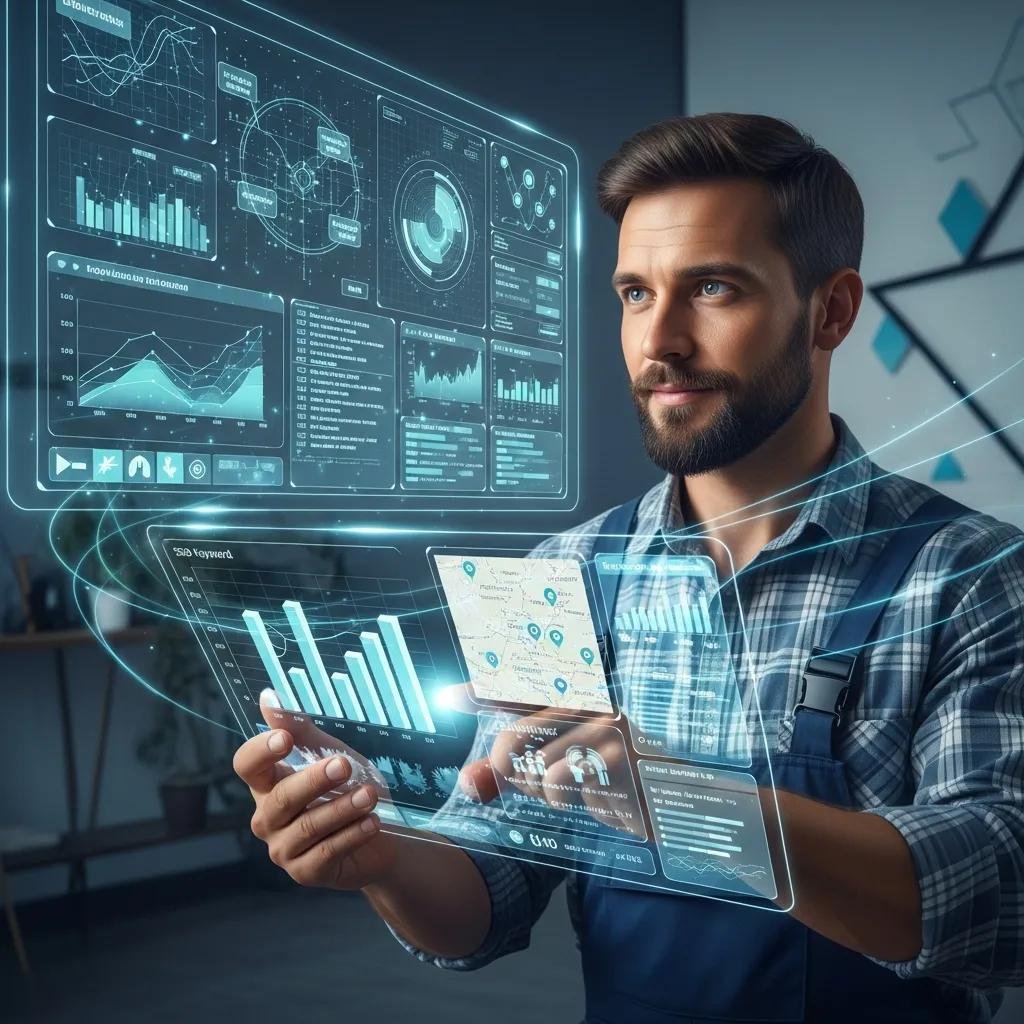 Contractor using AI technology for SEO management, analyzing data and local search strategies on a digital interface, showcasing innovation in marketing.