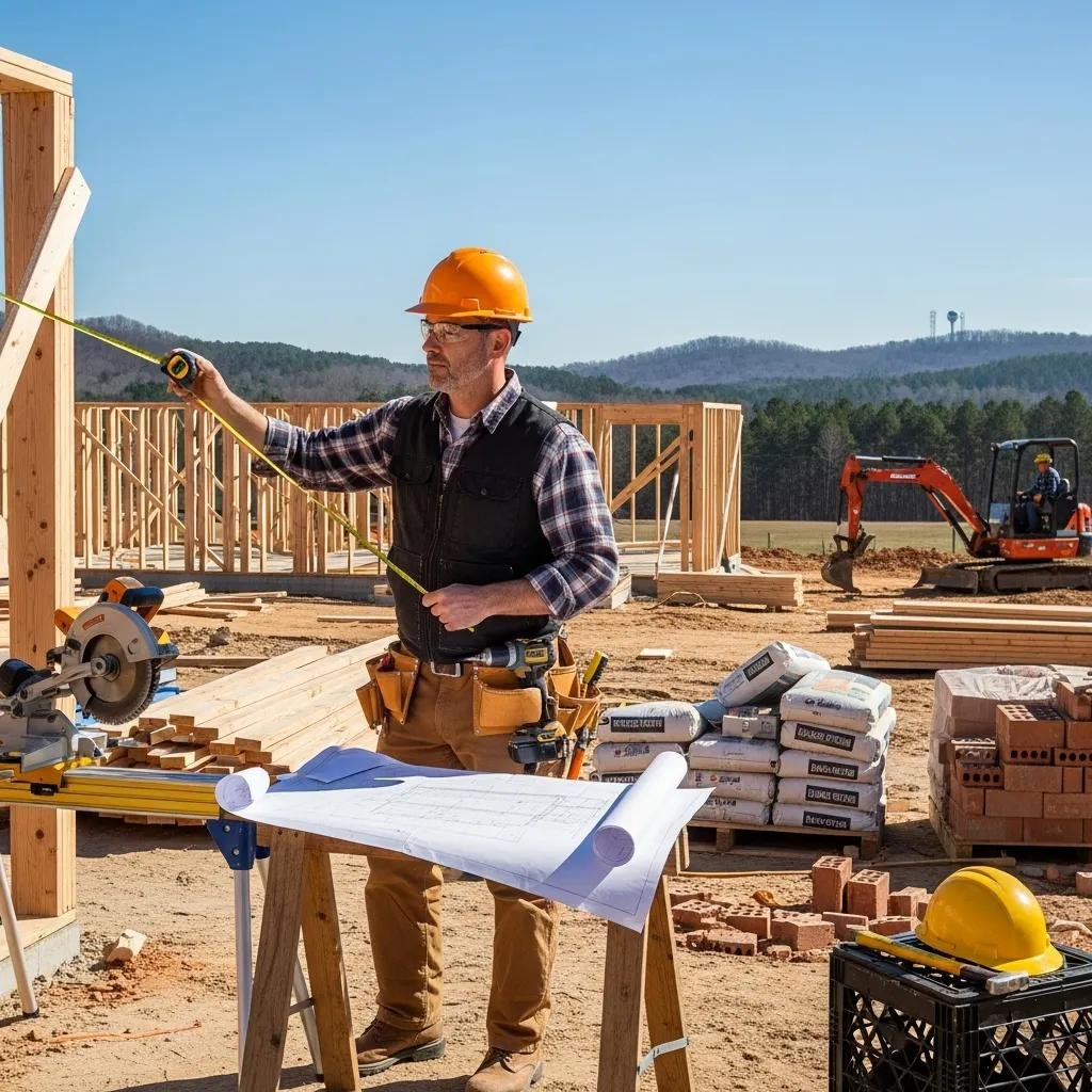 Contractor measuring wood on a construction site in North Carolina, emphasizing local SEO strategies for contractors, with tools and building materials visible.