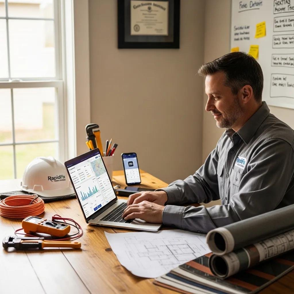 Contractor working on laptop in home office, analyzing local SEO strategies, surrounded by tools, plans, and a hard hat labeled "RapidFix."