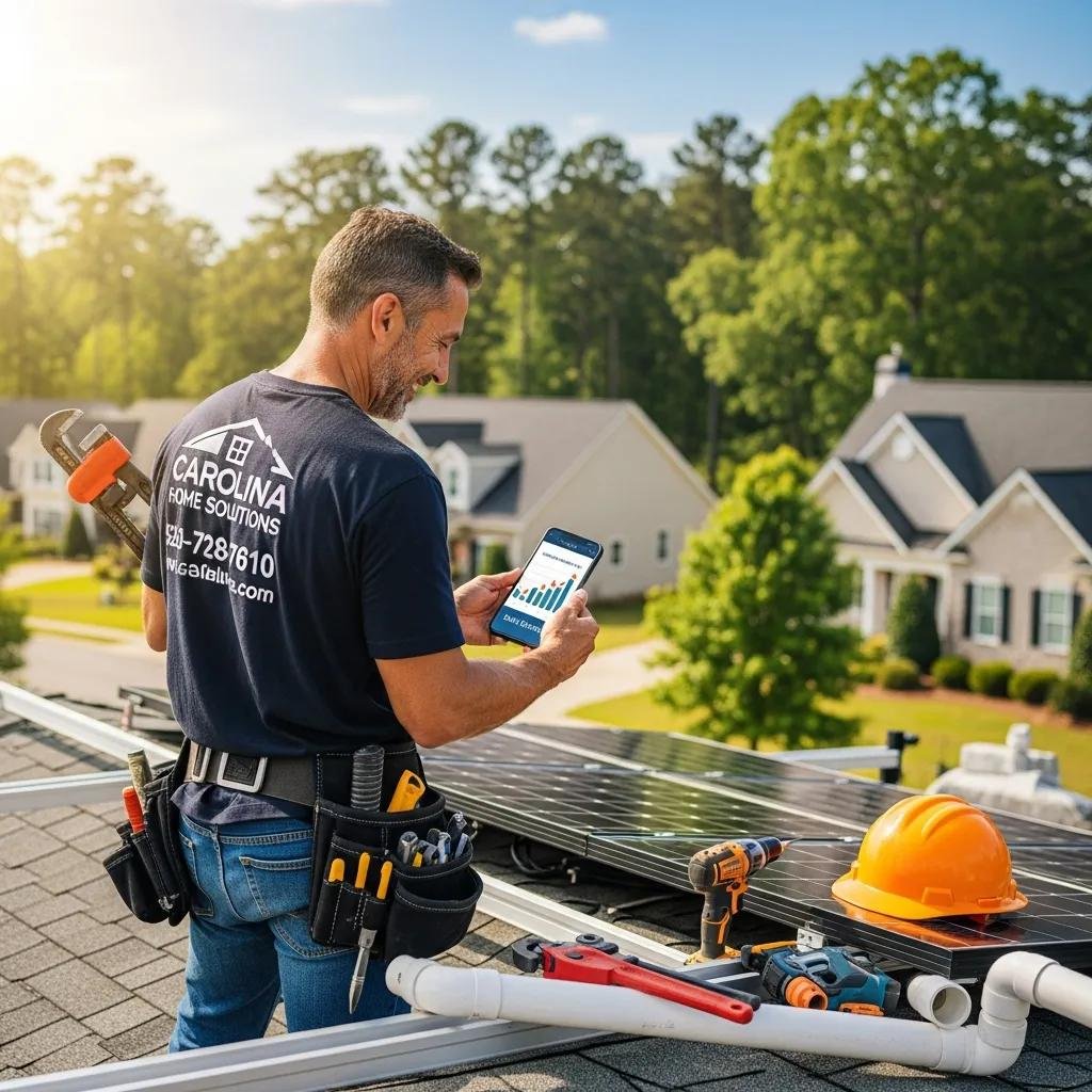 Contractor using smartphone to analyze local SEO performance on a residential roof, with tools and solar panels visible, emphasizing home improvement and digital marketing strategies for North Carolina contractors.