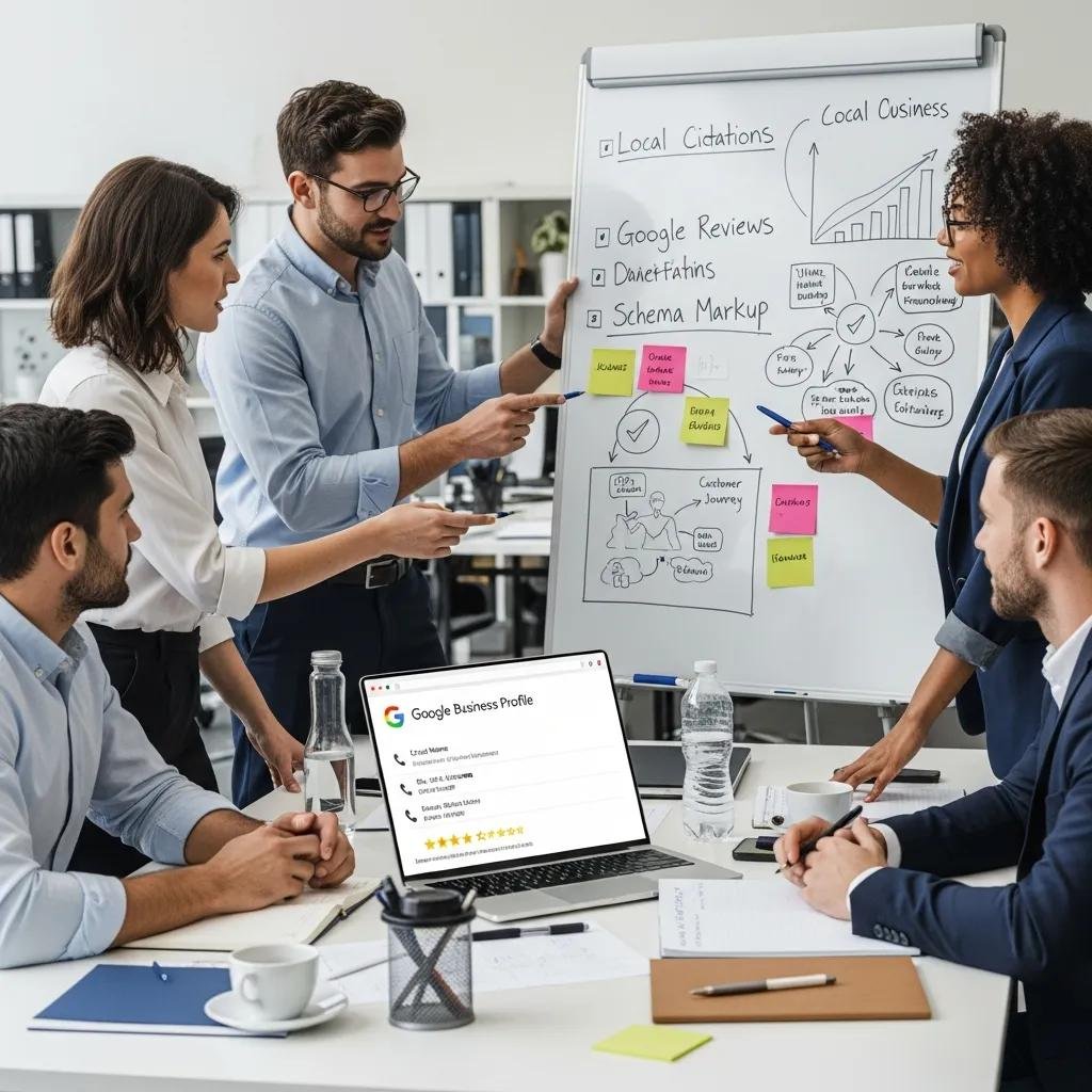 Contractors discussing local SEO strategies in a collaborative office, focusing on Google Business Profile optimization and essential ranking factors, with visual aids and notes on a whiteboard.