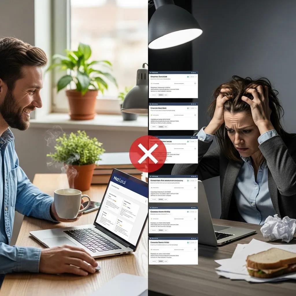 Business owner managing online listings with Moz Local, contrasting with a stressed individual overwhelmed by listing challenges, showcasing strengths and limitations in digital management.
