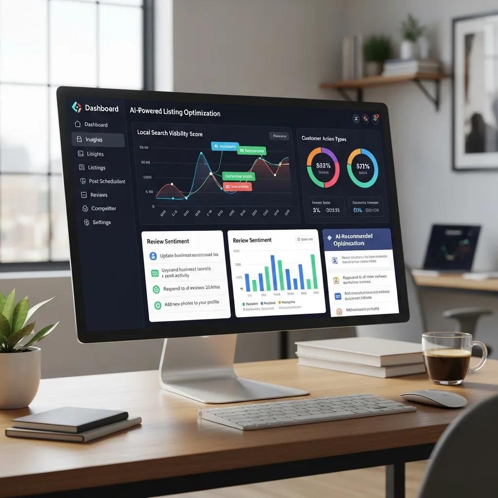 Digital dashboard showcasing AI tools for optimizing Google Business Profile