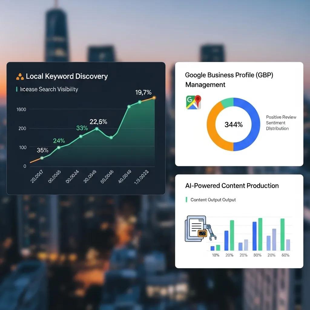 Digital dashboard displaying metrics for AI-powered SEO benefits, including local keyword discovery trends, Google Business Profile management statistics, and AI-generated content production outputs, set against an urban skyline background.