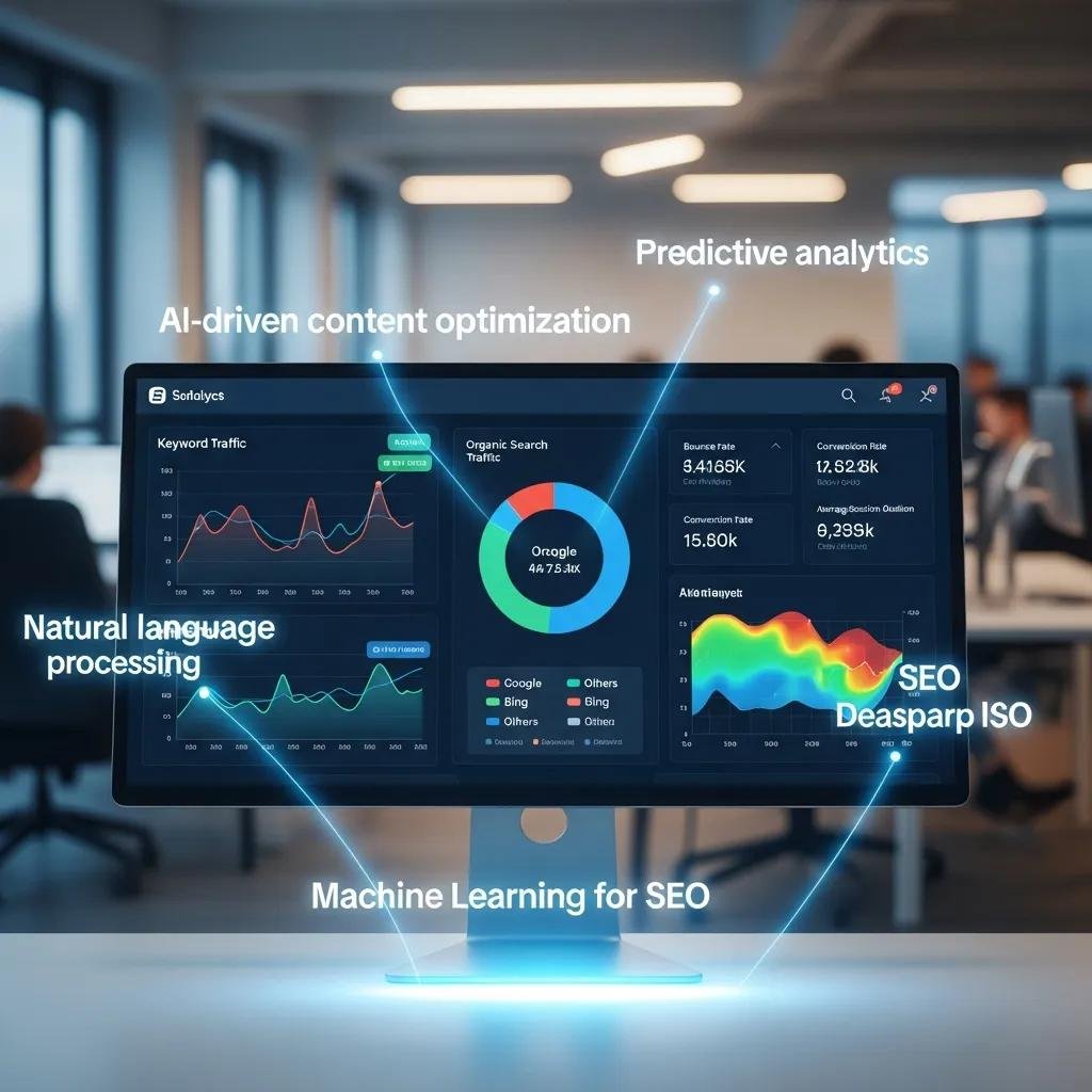 Digital interface displaying SEO performance metrics enhanced by AI analytics, featuring graphs for keyword traffic, organic search traffic, and predictive analytics, with labels for natural language processing and machine learning for SEO.
